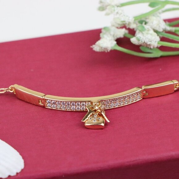Rose Gold Bracelet with Lock Charm and Crystal Paved Center Bar, XPBL0723 - Picture 10 of 11